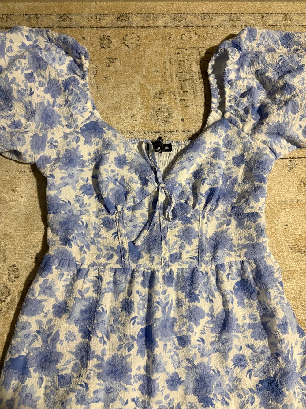Crystal Doll White and Blue Floral Puff-Sleeve Tie-Front Tunic